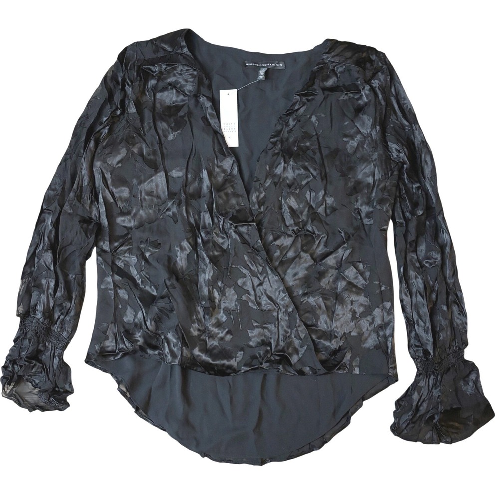 NWT White House Black Market‎ Women's Silk Floral Ruffle Sleeve Blouse Black Top